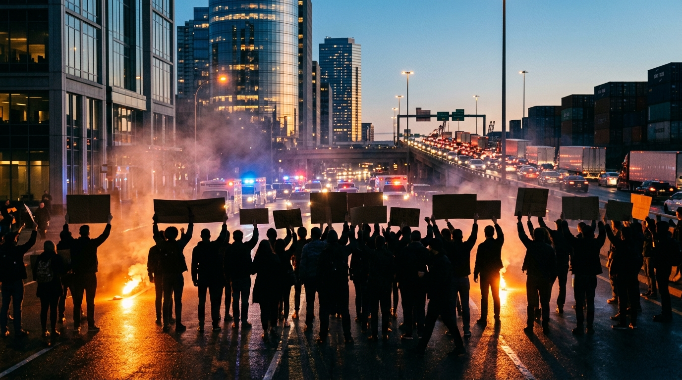 Editorial photograph of civil unrest, evening street protests, emergency vehicle lights, and urban gridlock in late 2026