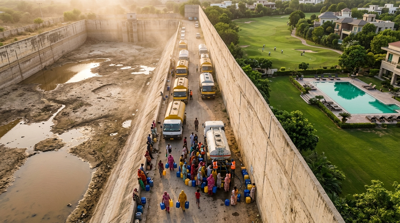Aerial view of a depleted urban reservoir and residents queuing for emergency water tankers next to an irrigated luxury enclave